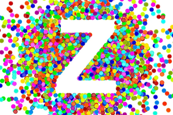 Confetti font, letter Z from colored confetti. 3D rendering isolated on white background
