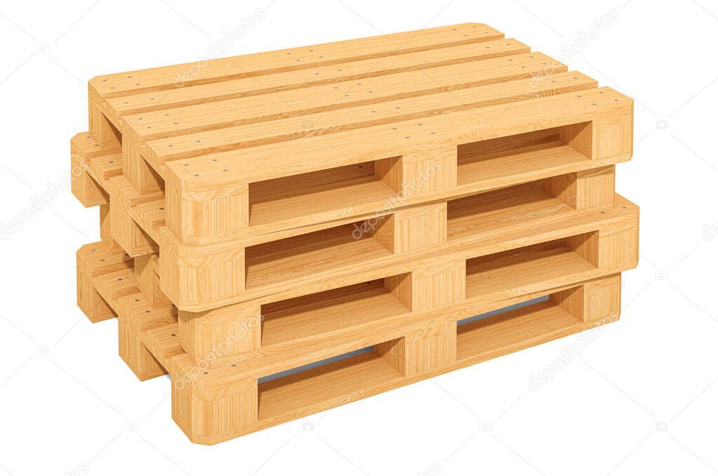 Stack of wooden pallets, 3D rendering isolated on white background