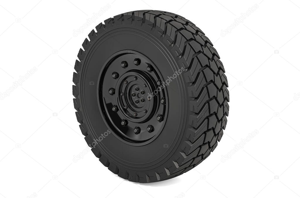 Truck or Jeep Wheel, 3D rendering isolated on black background 