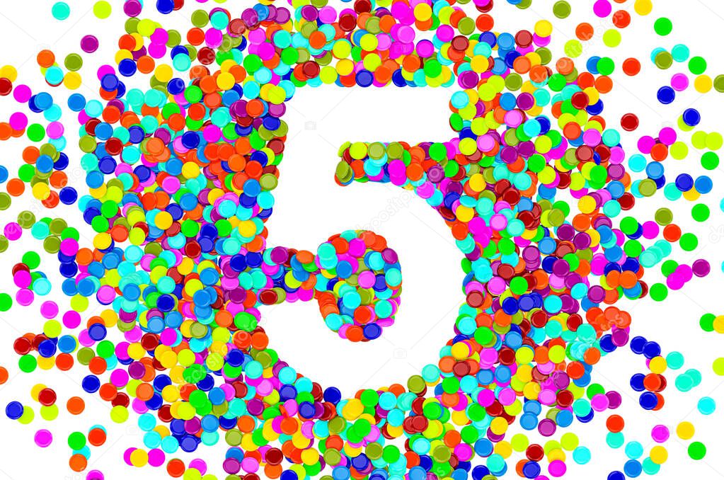 Number 5 from colored confetti. 3D rendering isolated on white background 
