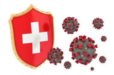 İsviçre 'nin koronavirüsten korunması. Beyaz arkaplanda 3B görüntüleme izole edildi