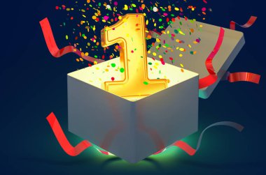 İçinde konfeti ve parlak ışık bulunan bir numaralı hediye kutusu. Koyu mavi arka planda üç boyutlu.