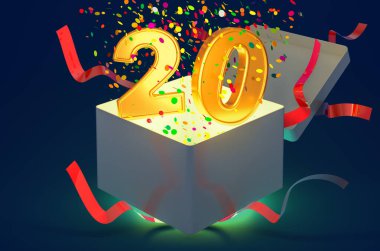 İçinde konfeti ve parlak ışık bulunan 20 numaralı hediye kutusu. Koyu mavi arka planda 3 boyutlu.