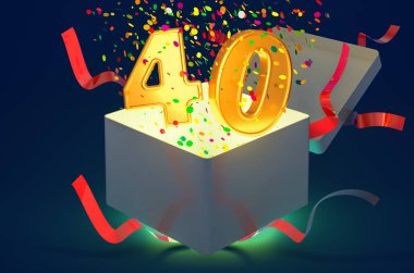 İçinde konfeti ve parlak ışık bulunan 40 numaralı hediye kutusu. Koyu mavi arka planda 3 boyutlu.