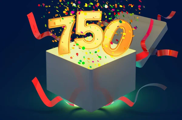 Número 750 Dentro Caixa Presente Com Confete Luz Brilhante Renderização — Fotografia de Stock