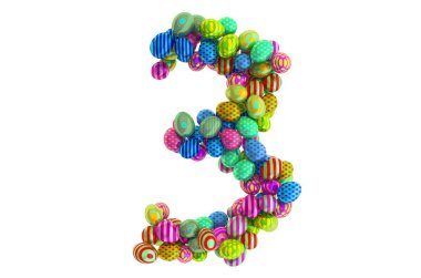 Renkli Paskalya yumurtalarından 3 numara, beyaz arkaplanda 3 boyutlu görüntüleme