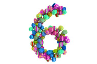 Renkli Paskalya yumurtalarından 6 numara, beyaz arka planda 3 boyutlu görüntüleme.