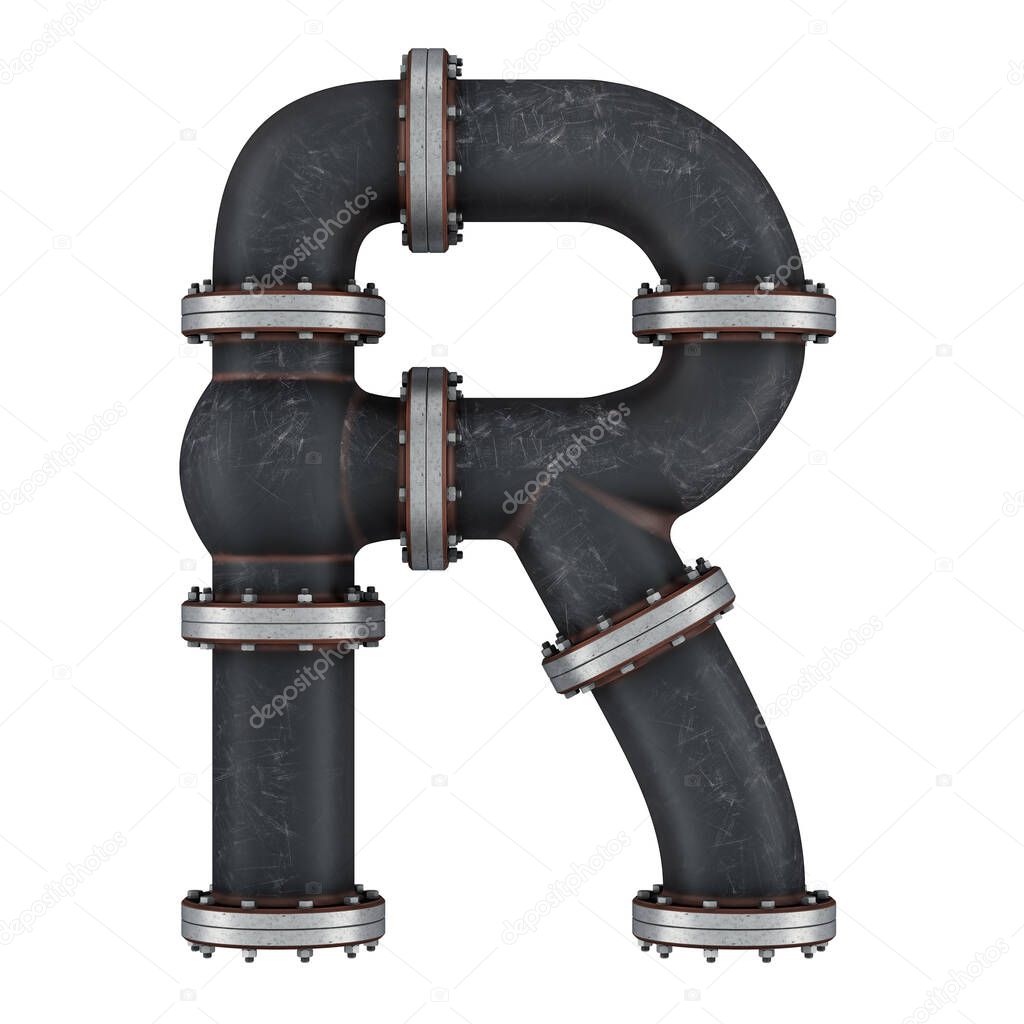 Letter R from cast iron pipes, 3D rendering isolated on white background