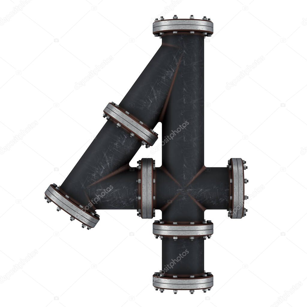 Number 4 from cast iron pipes, 3D rendering isolated on white background