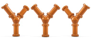 Bakır borulardan Y harfi, beyaz arkaplanda 3 boyutlu görüntüleme