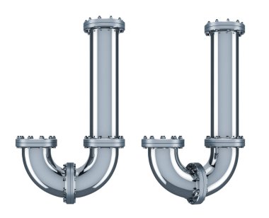 Çelik borulardan gelen J harfi, beyaz arkaplanda 3 boyutlu görüntüleme