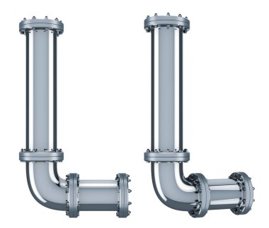 Çelik borulardan L harfi, beyaz arkaplanda 3 boyutlu görüntüleme