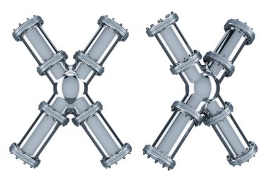 Çelik borulardan X harfi, beyaz arkaplanda 3 boyutlu görüntüleme