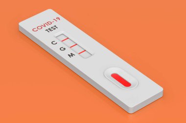 Pozitif Test COVID-19 koronavirüs, turuncu arka planda hızlı test kaseti. 3B görüntüleme