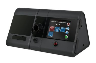 CPAP Makinesi, sürekli pozitif hava yolu basıncı. Beyaz arkaplanda 3B görüntüleme izole edildi