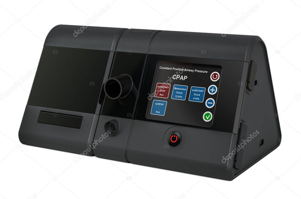 Máquina CPAP, positiva continua de las vías respiratorias. Representación 3D aislada sobre blanco 2023
