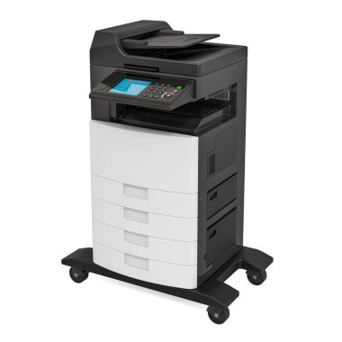 Ofis çoklu işlevli yazıcı MFP, 3D görüntüleme beyaz arkaplanda izole edildi