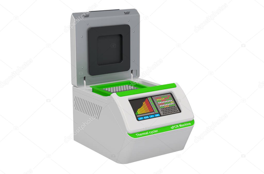 Opened PCR machine, thermal cycler. 3D rendering isolated on white background