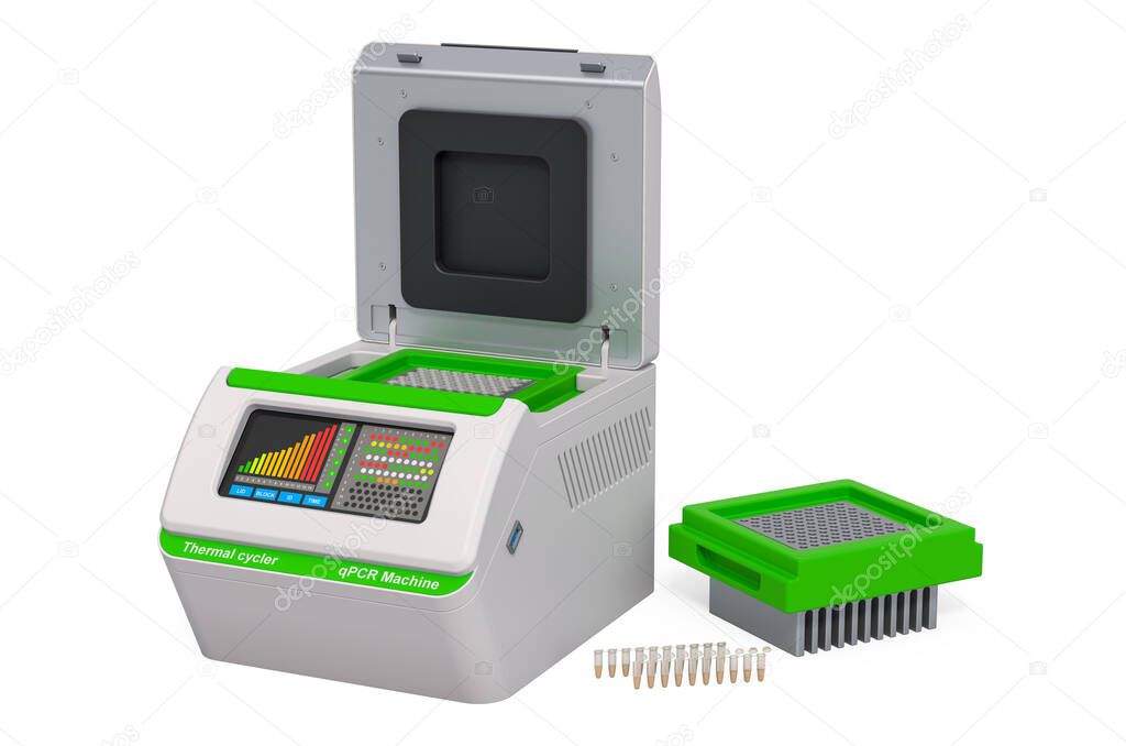 PCR machine with PCR tubes attached lids. 3D rendering isolated on white background