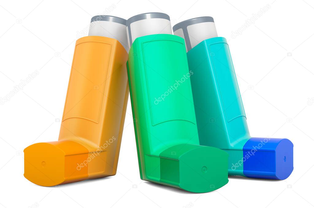 Set of colored metered-dose inhalers, 3D rendering isolated on white background