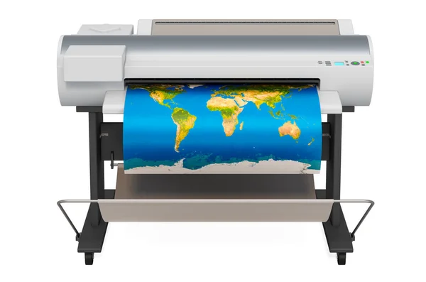 Impresora Gran Formato Plotter Con Mapa Del Mundo Representación Aislada — Foto de Stock
