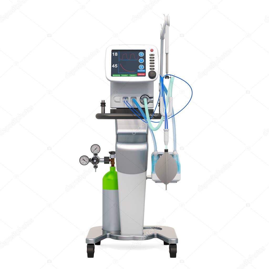 Medical ventilator, front view. 3D rendering isolated on white background
