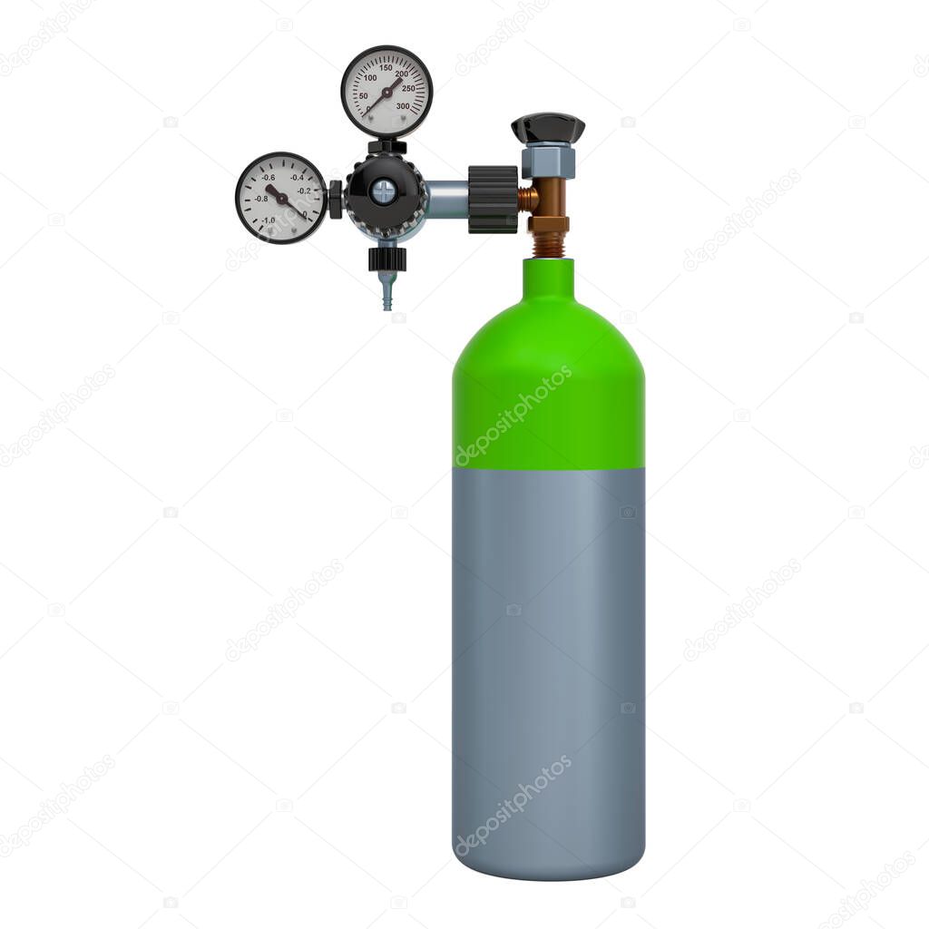 Oxygen tank, gas cylinder. 3D rendering isolated on white background