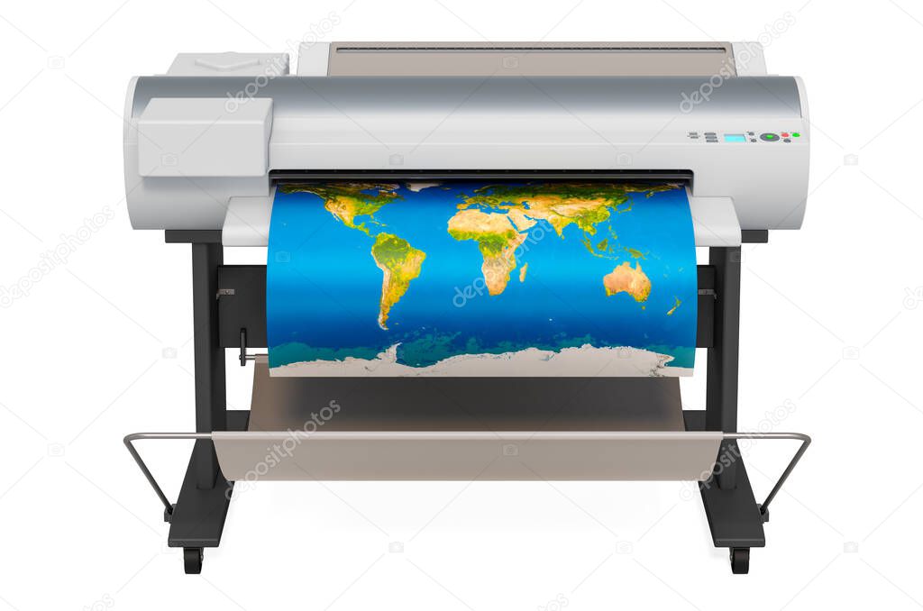 Wide Format Printer, plotter with map of world. 3D rendering isolated on white background