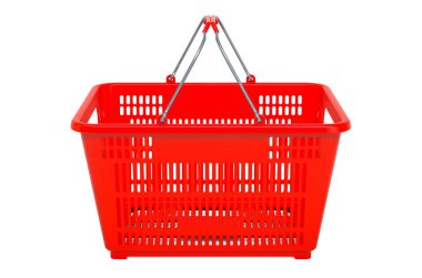 Alışveriş sepeti, kırmızı plastik. Beyaz arkaplanda 3B görüntüleme izole edildi