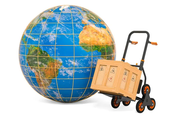 Global shipping and delivery concept, parcel on the hand truck with Earth Globe. 3D rendering isolated on white background