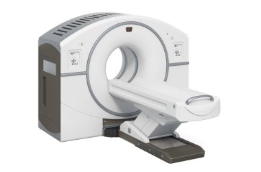 Pozitron Emisyon Tomografisi, yan görüş. PET tarayıcı, beyaz arkaplanda 3 boyutlu görüntüleme