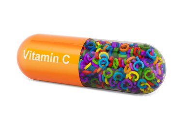 C vitamini kapsülü, askorbik asit. Beyaz arkaplanda 3B görüntüleme izole edildi