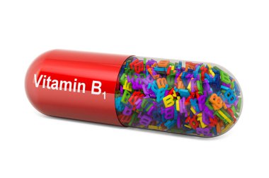 B1 vitamini kapsülü, tiamin. Beyaz arkaplanda 3B görüntüleme izole edildi