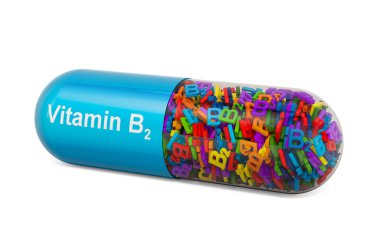 Vitamin kapsülü B2, riboflavin. Beyaz arkaplanda 3B görüntüleme izole edildi