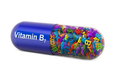 B7 vitamini kapsülü, biyotin. Beyaz arkaplanda 3B görüntüleme izole edildi