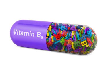 Vitamin kapsülü B9, folik asit. Beyaz arkaplanda 3B görüntüleme izole edildi