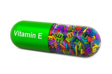 E vitamini kapsülü, tocopherols. Beyaz arkaplanda 3B görüntüleme izole edildi