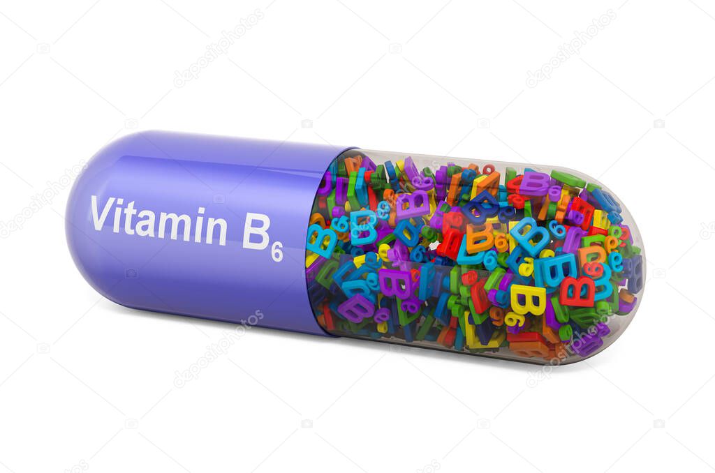 Vitamin capsule B6, pyridoxine. 3D rendering isolated on white background