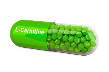 L-Carnitine ile kapsül, diyet takviyesi. Beyaz arkaplanda 3B görüntüleme izole edildi