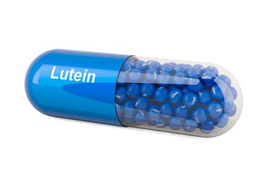 Lutein içeren kapsül, beslenme takviyesi. Beyaz arkaplanda 3B görüntüleme izole edildi