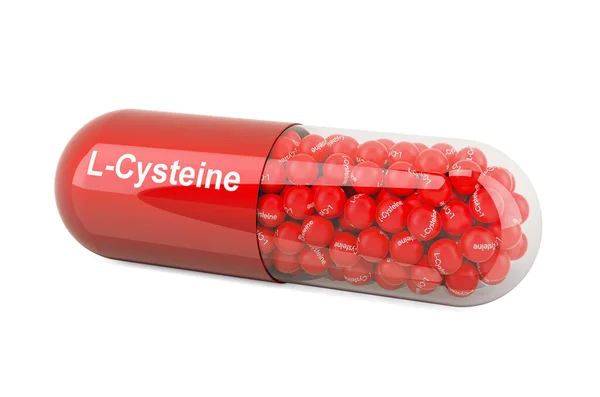 L-cysteine ile kapsül, diyet takviyesi. Beyaz arkaplanda 3B görüntüleme izole edildi
