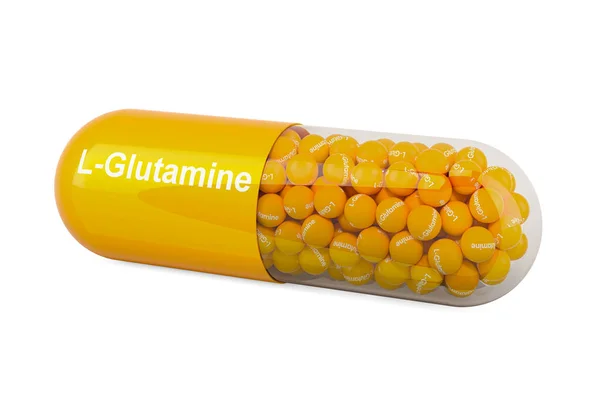 L-Glutamin içeren kapsül, diyet takviyesi. Beyaz arkaplanda 3B görüntüleme izole edildi