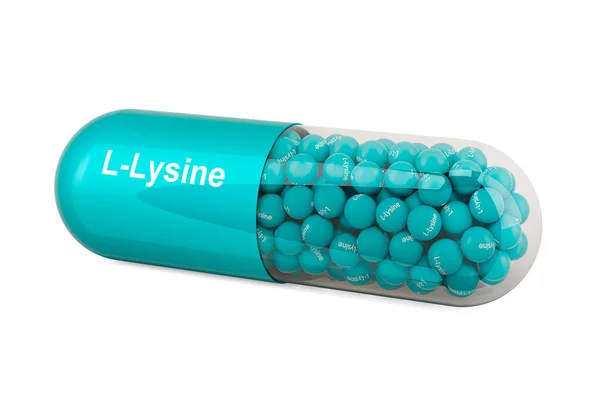 L-Lysine ile kapsül, diyet takviyesi. Beyaz arkaplanda 3B görüntüleme izole edildi