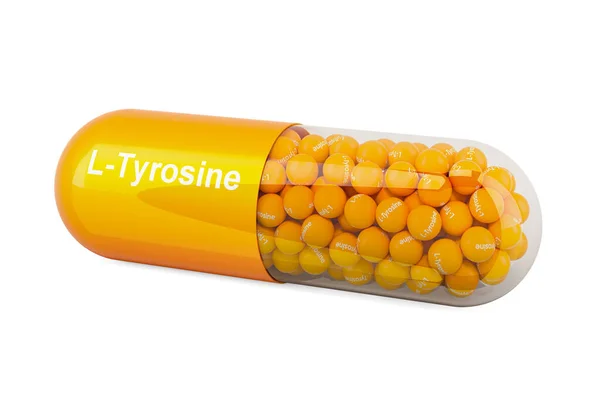 L-Tyrosine ile kapsül, diyet takviyesi. Beyaz arkaplanda 3B görüntüleme izole edildi