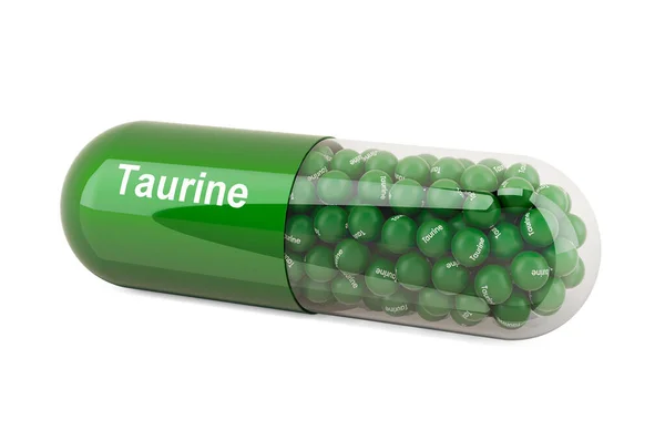 Taurine 'li kapsül, beslenme takviyesi. Beyaz arkaplanda 3B görüntüleme izole edildi