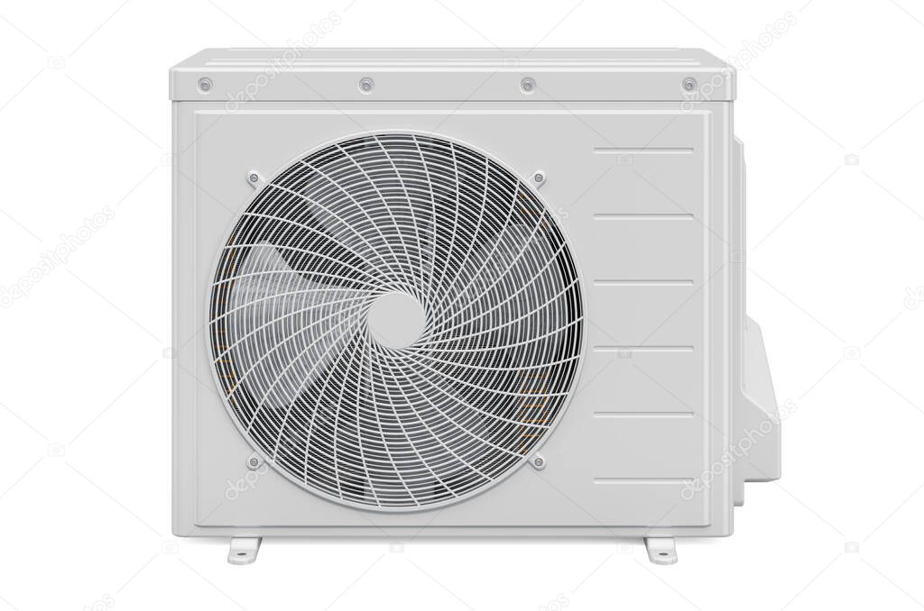 Air conditioner, outdoor compressor unit. Front view, 3D rendering isolated on white backgroun