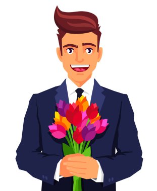 Bir buket ile gülümseyen yakışıklı