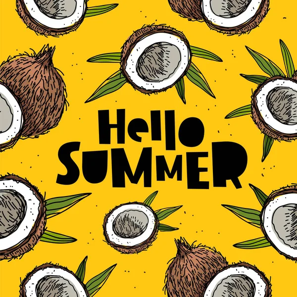 Hello summer. Lettering. Coconut — Stock Vector