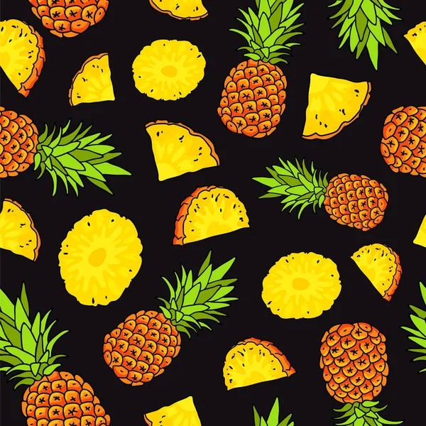 Ananas siyah bir arka plan deseni — Stok Vektör