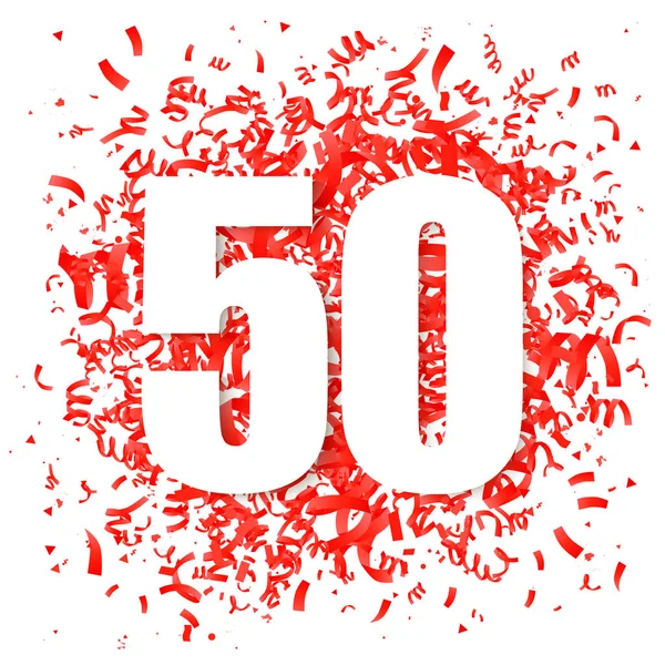 Piros konfetti és a nagy fehér szám 50 — Stock Vector